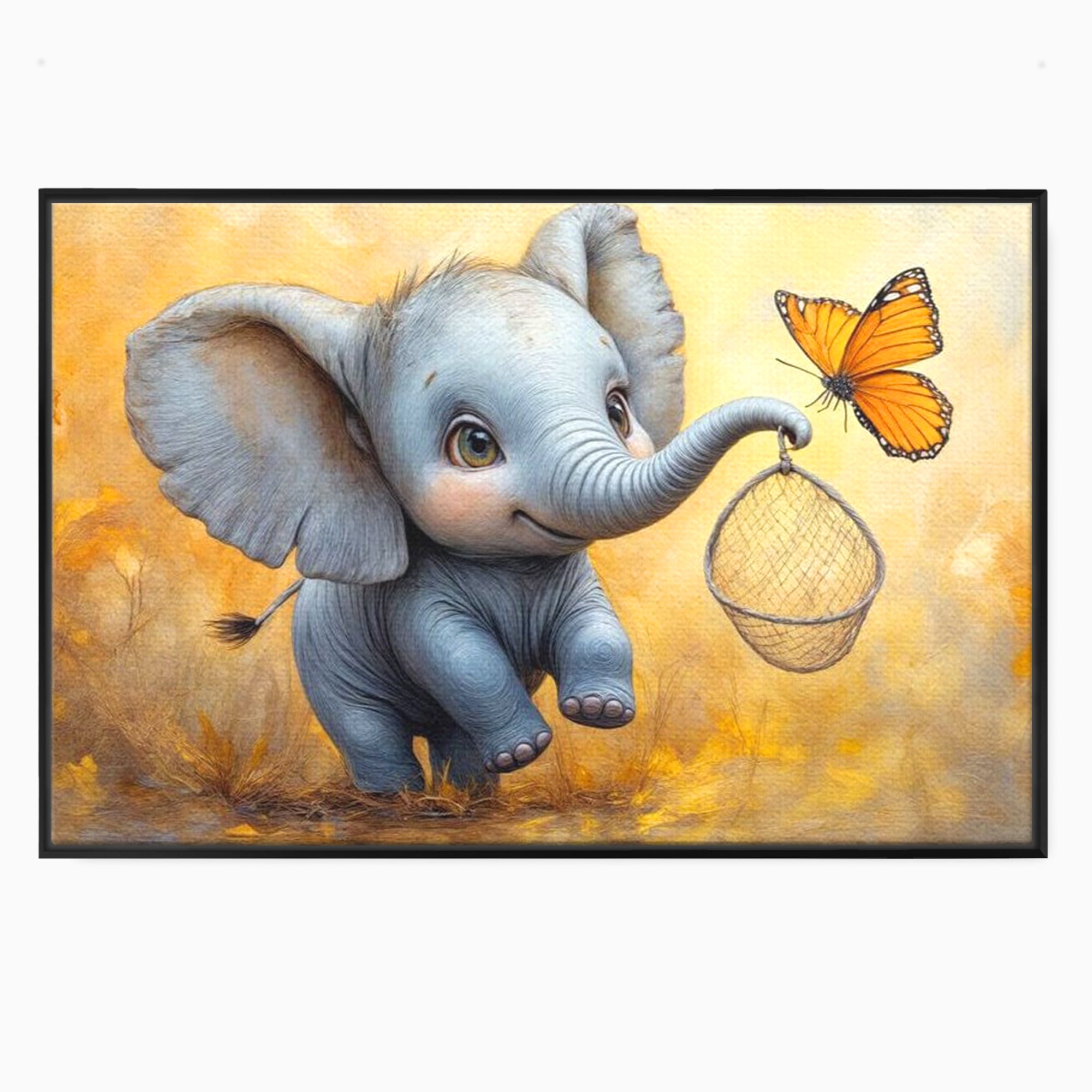 Tablou canvas cu ilustratie cu elefantel si fluture, in rama de aluminiu negru